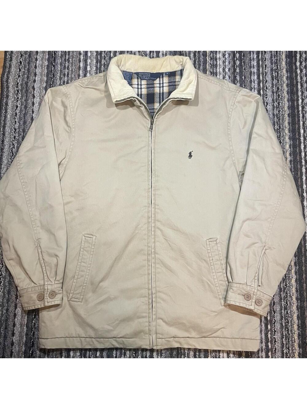 VTG Polo Ralph Lauren Harrington Jacket Tan Plaid Lined Corduroy Collar Size S